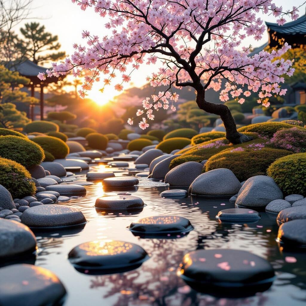 A stunningly beautiful photographic masterpiece of a serene Japanese Zen garden at sunrise. A perfectly clear stream flo...