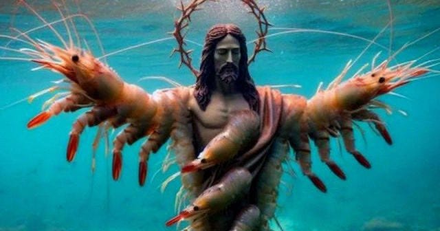 A computer-generated, photorealistic image of Jesus with prawns for arms and body