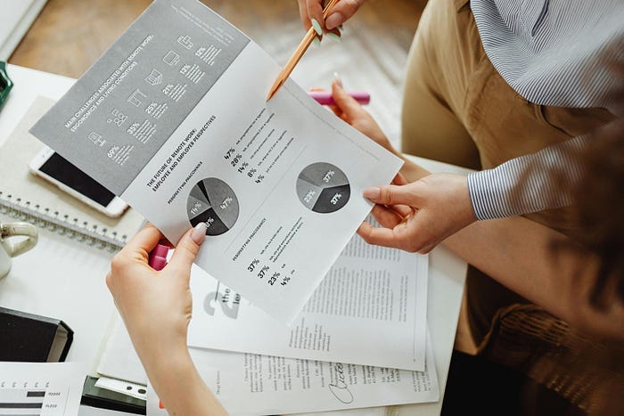 Two people standing and pointing at the summary of an account, along with data visualizations and other numbers Two people standing and pointing at the summary of an account, along with data visualizations and other numbers