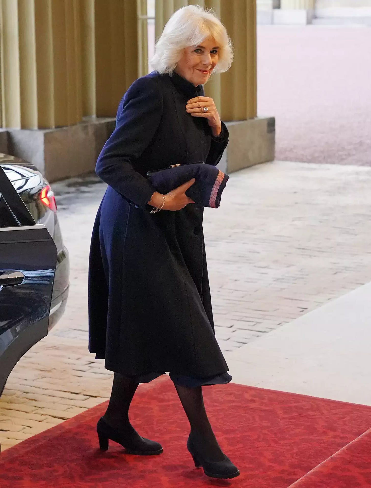 Queen Camilla arrives at Buckingham Palace during day one of The Amir of the State of Qatar's visit to the United Kingdom on December 03, 2024 in London