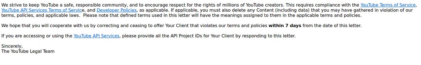 Invidious Cease-and-Desist Notice