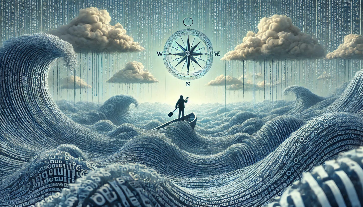 A person navigating in a vast ocean of information represented by waves made of text, holding a compass in hand. The sky is cloudy, symbolizing confusion and uncertainty. The person looks determined and focused, signifying the quest for truth amid the chaotic sea of information. A person navigating in a vast ocean of information represented by waves made of text, holding a compass in hand. The sky is cloudy, symbolizing confusion and uncertainty. The person looks determined and focused, signifying the quest for truth amid the chaotic sea of information.