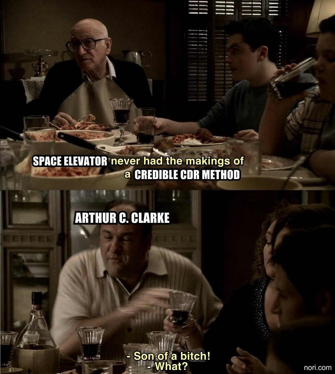 Two Sopranos dinner stills. Uncle Junior: "Space elevator never had the makings of a credible CDR method." Tony, labelled "Arthur C. Clarke": "Son of a bitch!" "What?"