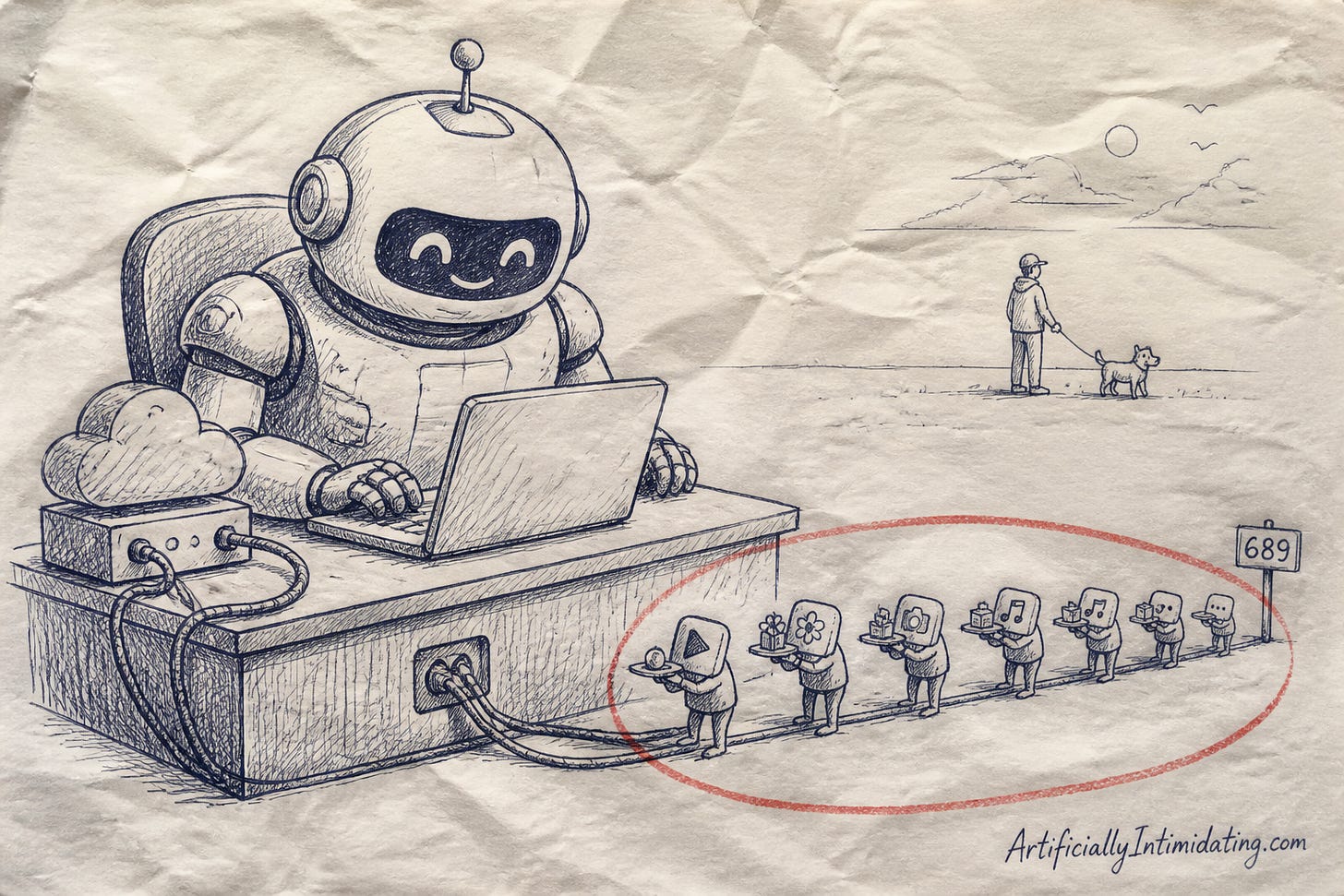 A giant friendly robot at a desk with its own laptop while a queue of tiny app-icon shopkeepers bow and offer trays of goods; a person walks a dog in the distance. A giant friendly robot at a desk with its own laptop while a queue of tiny app-icon shopkeepers bow and offer trays of goods; a person walks a dog in the distance.