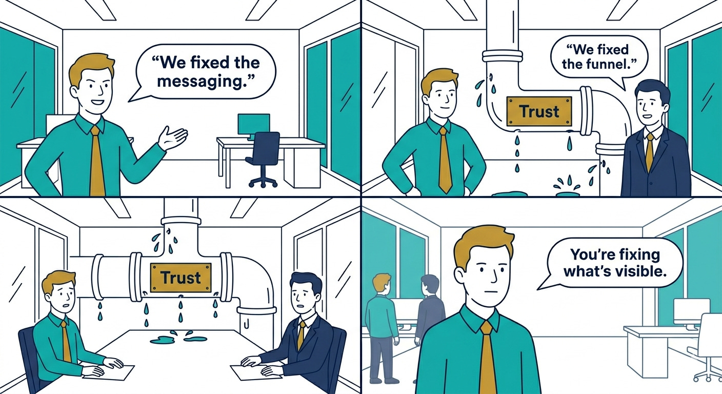 A four-panel office cartoon showing a team fixing messaging and funnel issues while a leaking pipe labeled “Trust” continues to drip, illustrating that surface fixes do not address underlying problems.