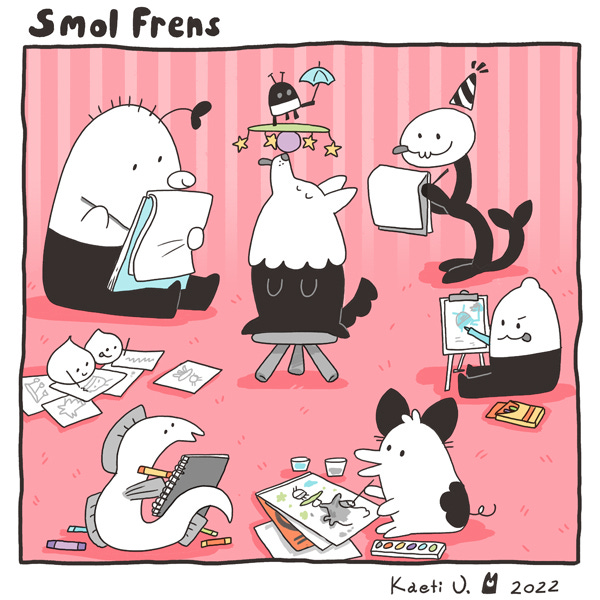 In the center of the room on a stool, a smol fren poses balancing a ball, a plate, and another fren holding an umbrella on their nose. The other frens sit in a circle drawing them!