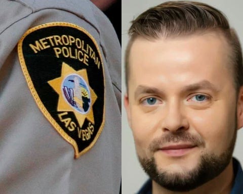 a composite image showing a police emblem and a man