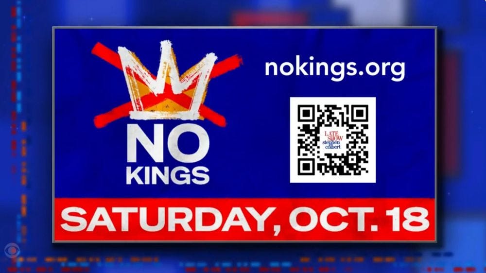 Screenshot from the video clip showing information about the upcoming No Kings rally. On the left is the logo (a hand-drawn picture of a crown crossed out with a red X). On the right is the website nokings.org and a QR code ( qrco.de/bgNo3W ) that takes one to the same website. At the bottom is the date of the rally: Saturday, Oct. 18.