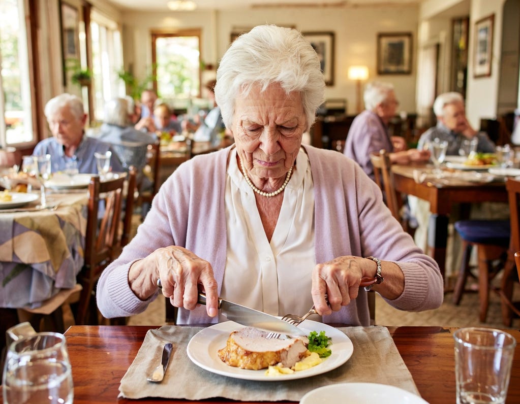 84-year-old white woman with gray hair and no glasses struggles with a knife and fork in both hands to carve a piece off pork on her plate in a community lunch room.