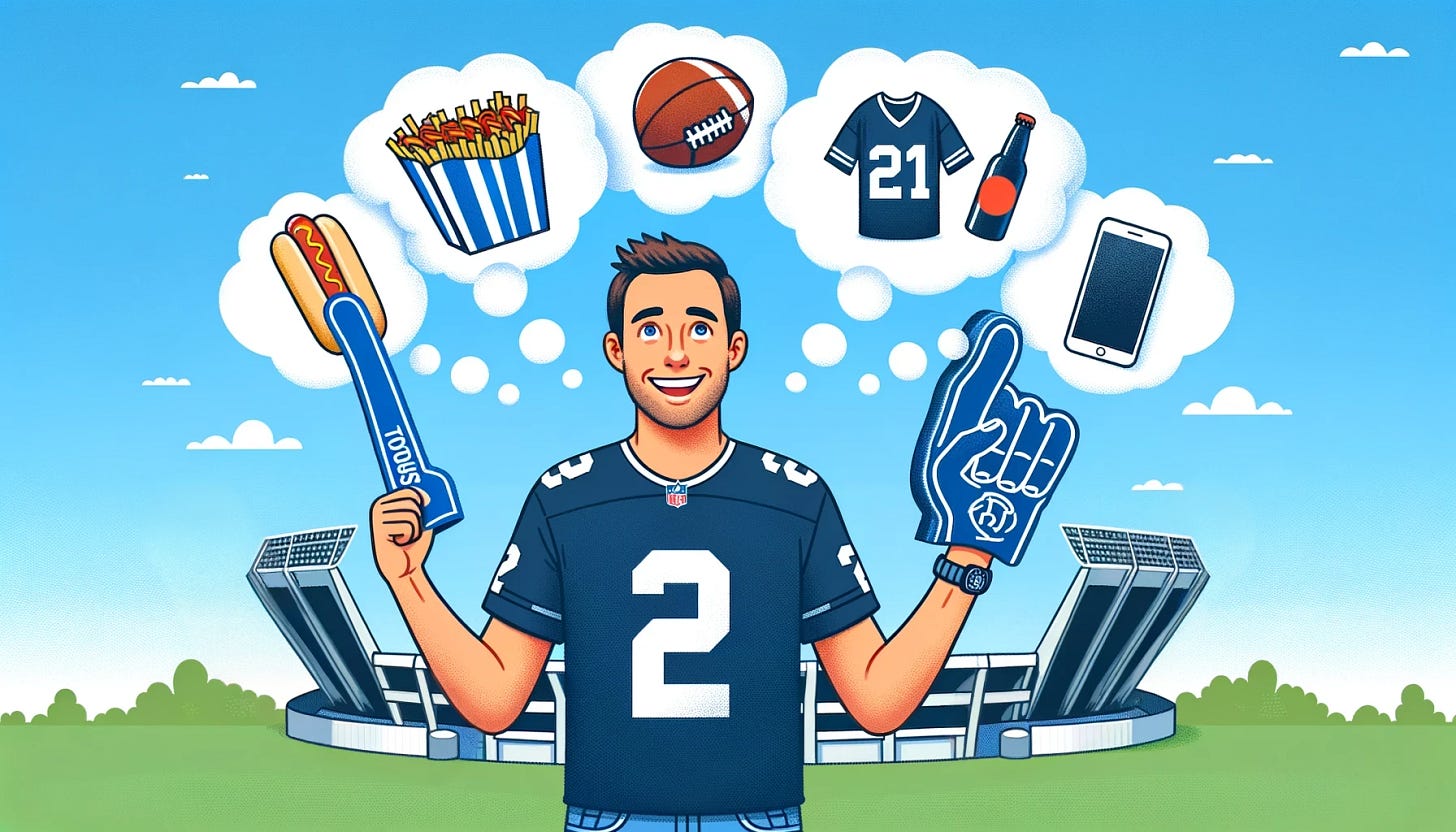 A sports fan standing in the center of the image with a large, realistic stadium in the background. The fan is wearing a team jersey, holding a foam finger, and has a big smile on his face. The stadium has a parking lot in front with cars and people in line at the gates. Surrounding his head are four thought bubbles, each containing a different item: a sports ticket, a team jersey, a smartphone, and a hotdog.