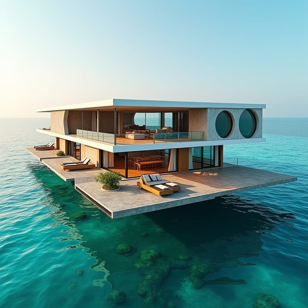 A luxurious, modern, one-story, five-bedroom Jamaican floating home, suspended in the turquoise ocean, with rounded windows reflecting the sun's warm glow, standing on concrete platforms that seamlessly blend with sleek glass and warm wood accents
