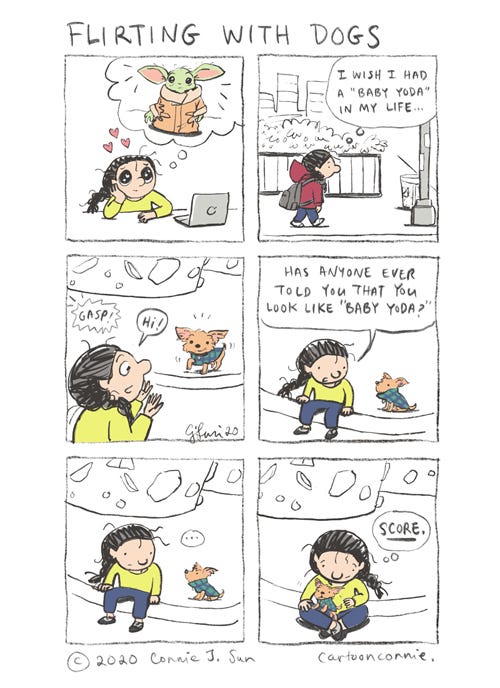 comics, illustration, humor, comic strip, baby yoda, cute dogs, drawing, yorkshire terrier, sketchbook, connie sun, cartoonconnie