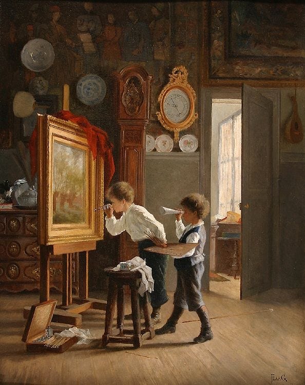 This may contain: two children are painting in an old fashioned room