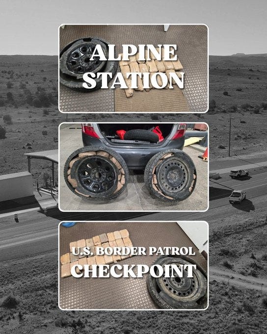 A K9 alerted US Border Patrol Agents manning a checkpoint near Alpine, Texas, to $35,000 worth of marijuana hidden inside tires inside the trunk of a car, a smuggler attempted to drive through one of their checkpoints on May 5, 2026 (US Border Patrol photos & graphic) A K9 alerted US Border Patrol Agents manning a checkpoint near Alpine, Texas, to $35,000 worth of marijuana hidden inside tires inside the trunk of a car, a smuggler attempted to drive through one of their checkpoints on May 5, 2026 (US Border Patrol photos & graphic)