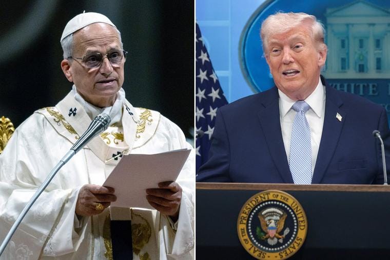Left: Pope Leo XIV delivers the homily during the Easter vigil Mass April 4 in St. Peter’s Basilica. Right: Donald Trump speaks at an April 6 news conference at the White House. Left: Pope Leo XIV delivers the homily during the Easter vigil Mass April 4 in St. Peter’s Basilica. Right: Donald Trump speaks at an April 6 news conference at the White House.