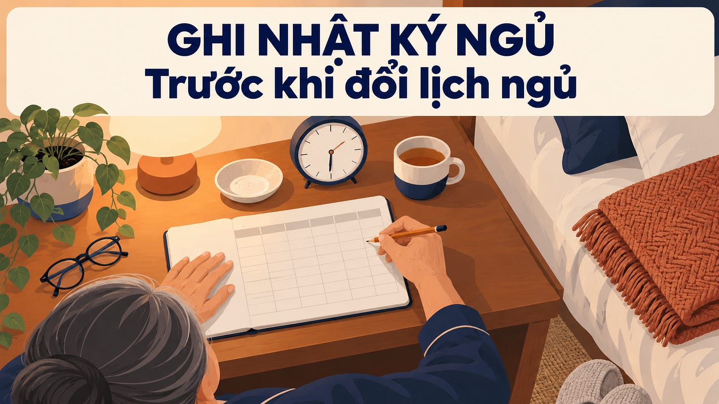 Nhật ký ngủ trong một đến hai tuần giúp ghi lại giờ nằm, thời gian thức, giấc ngủ trưa và thuốc đang dùng trước khi điều chỉnh lịch ngủ.