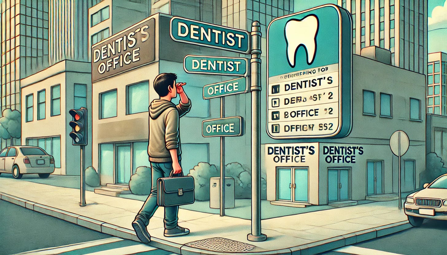 A person looking around a city, searching for a dentist, with an expression of mild frustration or confusion. The scene includes a few urban details, such as street signs, buildings, and perhaps a subtle hint of a dentist’s office sign partially hidden in the background. The setting is a slightly overcast day, with the person dressed casually, walking along a sidewalk. Horizontal orientation, with the city scene showing depth and perspective.