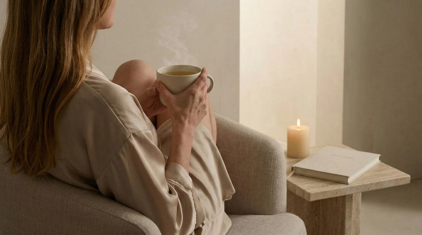 Back view of a woman with warm honey-brown hair in a champagne satin robe sitting in a linen armchair holding a steaming mug of tea, looking toward a plaster arch alcove with soft ivory glow, travertine side table with a lit candle and closed journal beside her.