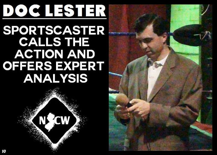 New Jersey Championship Wrestling collectible trading card for Doc Lester. The front of the card shows Doc Lester speaking while seated at a desk, turning toward the camera. The back of the card shows Doc Lester preparing the microphone to do an interview, with the words "SPORTSCASTER CALLS THE ACTION AND OFFERS EXPERT ANALYSIS."