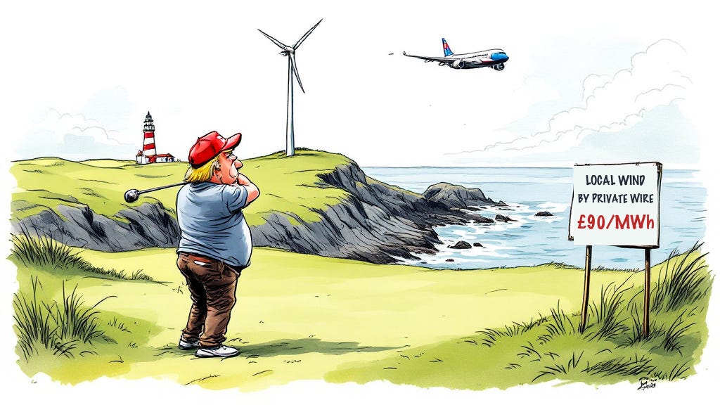 Donald Trump on a Turnberry links, a community turbine behind him and a sign offering local wind by private wire
