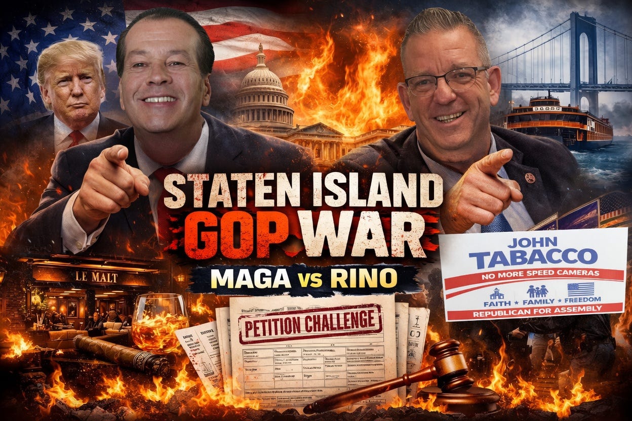 Staten Island Amateur Hour: Tabacco vs Reilly sparks local GOP civil war with petition fights, RINO accusations, and a rally clash.