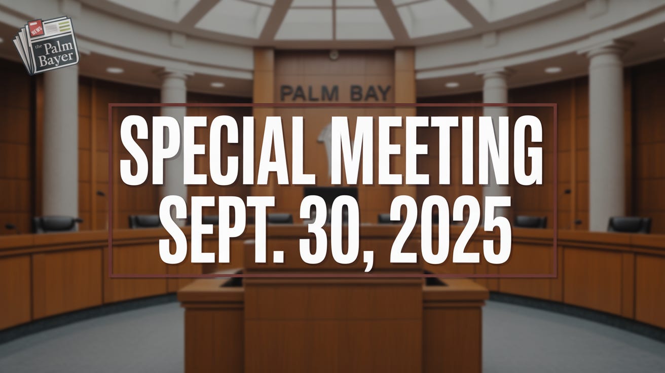 Palm Bay City Council chambers with text overlay announcing Special Meeting Sept. 30, 2025. Palm Bay City Council chambers with text overlay announcing Special Meeting Sept. 30, 2025.