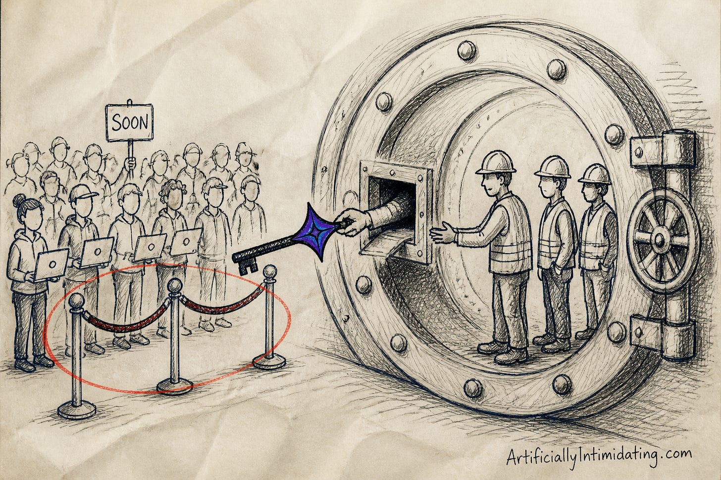 A black key with a blue and violet four-pointed star sparkle for a handle is passed through a hatch in a huge steel vault door to three hard-hat figures inside, while a crowd with laptops waits behind a velvet rope circled in red, one holding a sign reading SOON.