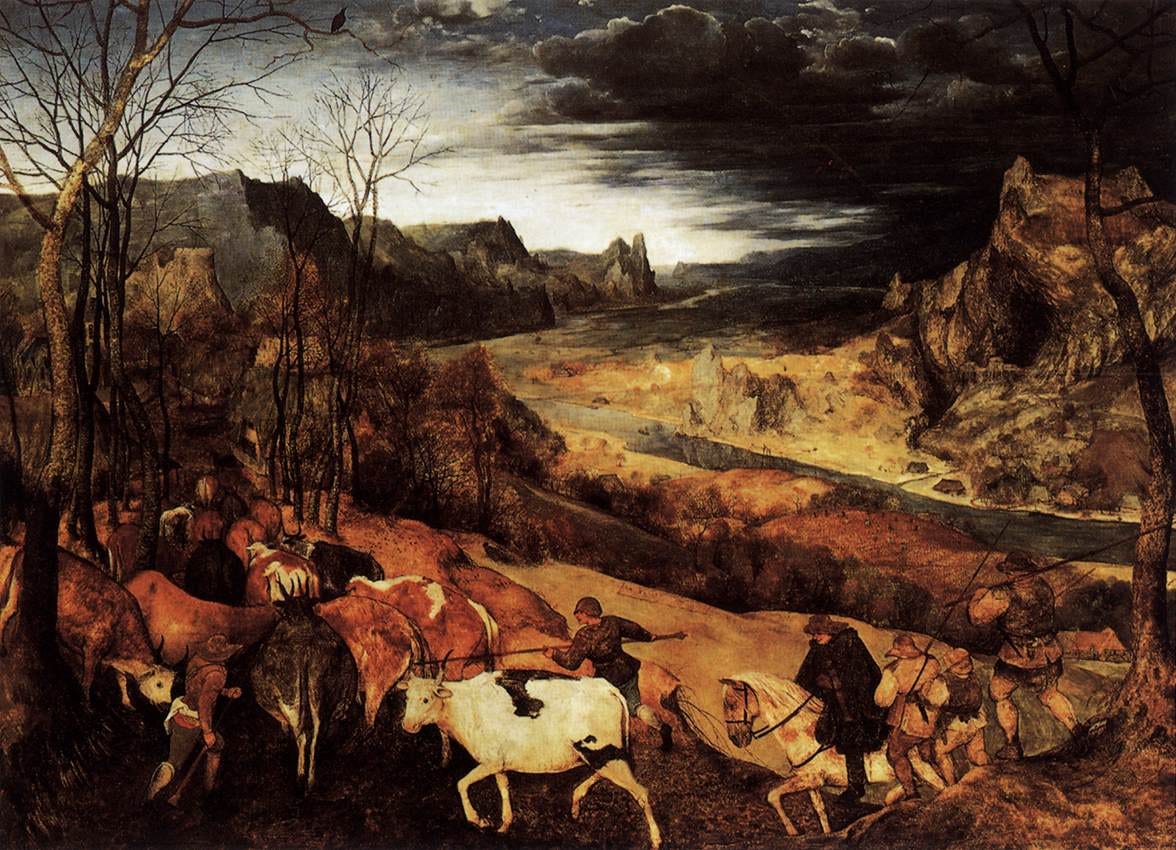Herdsmen driving cattle downhill under a bruised autumn sky Herdsmen driving cattle downhill under a bruised autumn sky