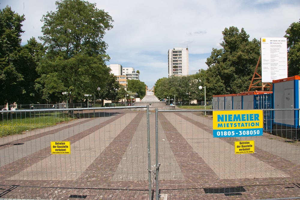 Photograph of metal barriers around Mehringplatz in Berlin