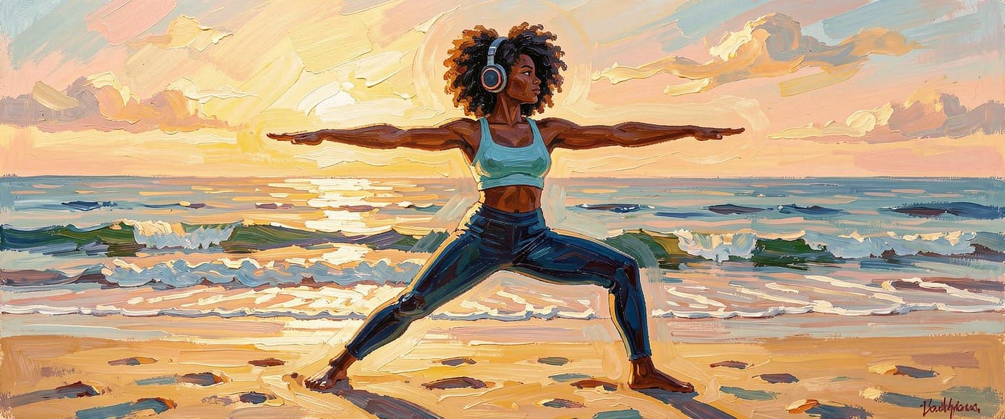 An afro Caribbean woman practices the yoga pose Warrior 2 (Virabhadrasana 2), she uses noise-canceling headphones to red... An afro Caribbean woman practices the yoga pose Warrior 2 (Virabhadrasana 2), she uses noise-canceling headphones to red...