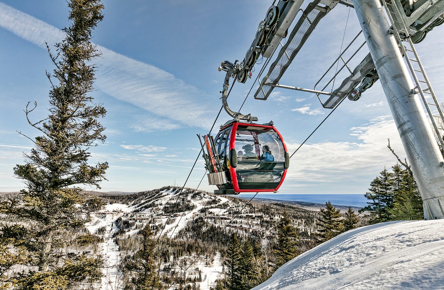 The Lutsen Gondola, approaching Moose Mountain, with Eagle Mountain in the distance. This view really shows the scale of Lutsen. Photo courtesy of Lutsen Mountains.