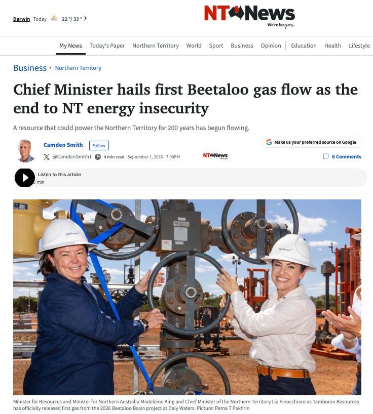 Screenshot of an NT News story titled 'Chief Minister hails first end to NT energy insecurity" - which features a photo of Madeleine King and Lia Finocchiaro turning a valve at a Beetaloo gas plant. Screenshot of an NT News story titled 'Chief Minister hails first end to NT energy insecurity" - which features a photo of Madeleine King and Lia Finocchiaro turning a valve at a Beetaloo gas plant.