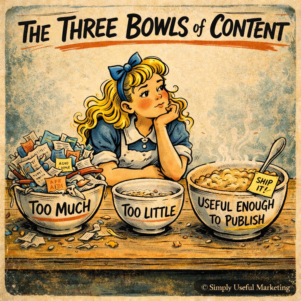 Vintage Guinness-style illustration of Goldilocks seated behind three labeled bowls of content: “Too Much,” overflowing with papers and scraps, “Too Little,” nearly empty, and “Useful Enough to Publish,” full but slightly messy with a spoon and a “Ship It!” note. She studies the bowls with a thoughtful, mildly frustrated expression, against a warm cream background with © Simply Useful Marketing in the corner.