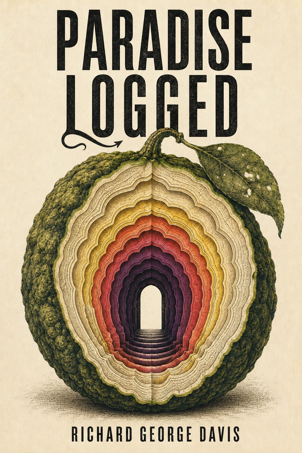 Sliced green fruit shows rings and a tunnel with steps, symbolizing guided exploration. Text reads “Paradise Logged.”.