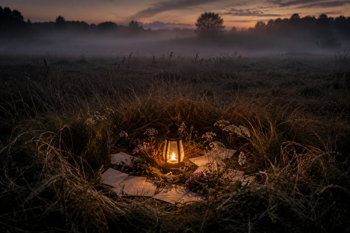 A glowing lantern rests in tall grass at dusk, surrounded by handwritten pages, wildflowers, soft mist, and distant trees, suggesting an inner world quietly waiting to be found.