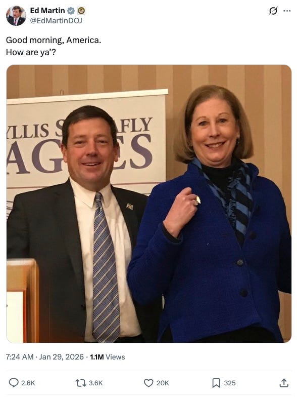 Photo of Ed Martin and Sidney Powell smiling together. Caption: Good morning, America.  How are ya’?