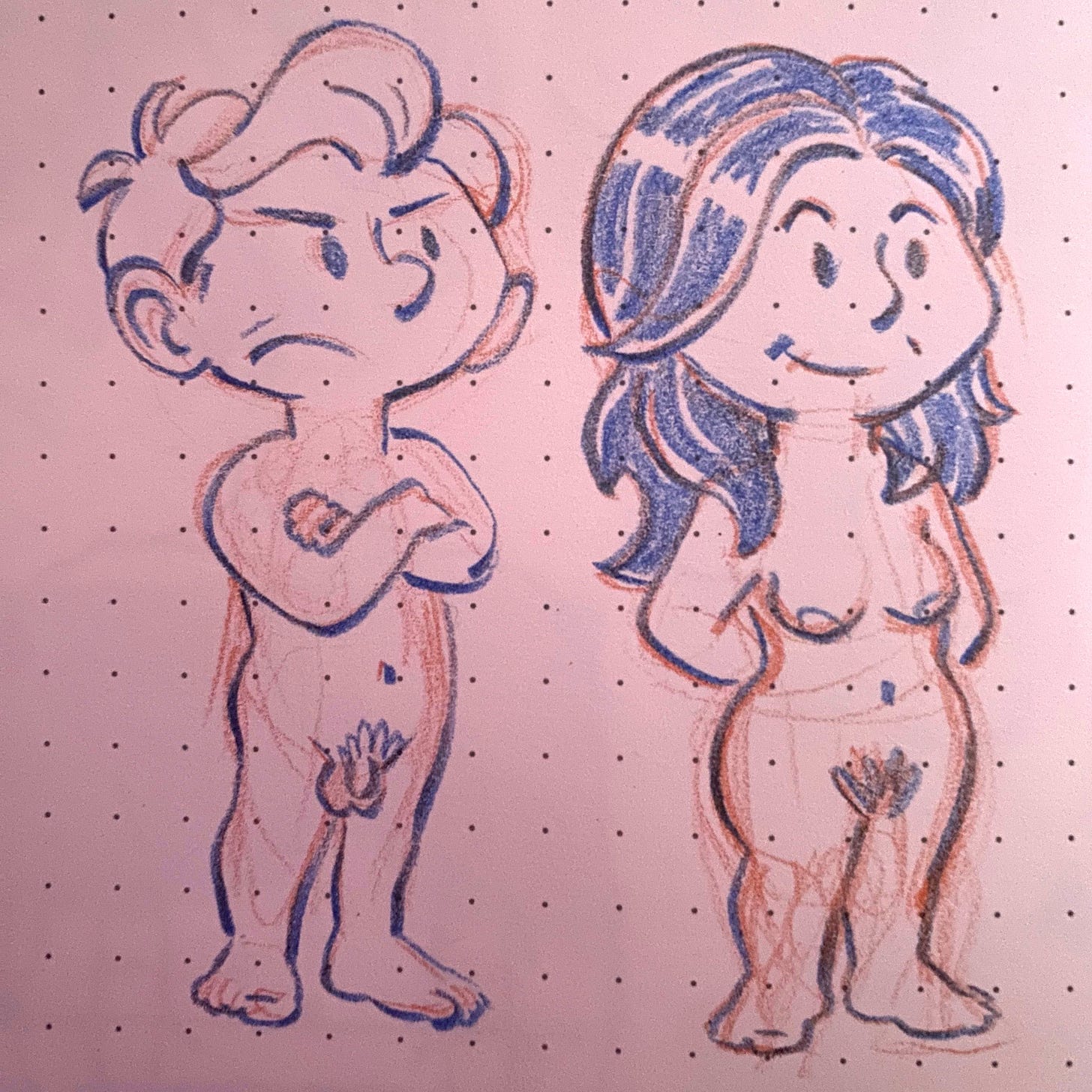 Early character sketches for The Great Arcadian show the series' two main protagonists: a curly-haired blond man with folded arms and a skeptical expression beside a smiling dark-haired woman with her hands in her pockets. Both are drawn nude in blue and red pencil on dotted sketchbook paper. Early character sketches for The Great Arcadian show the series' two main protagonists: a curly-haired blond man with folded arms and a skeptical expression beside a smiling dark-haired woman with her hands in her pockets. Both are drawn nude in blue and red pencil on dotted sketchbook paper.