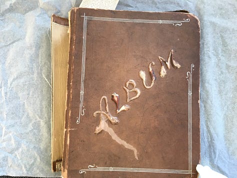 Three photos related to a 1880s-era scrapbook passed down as a family heirloom.