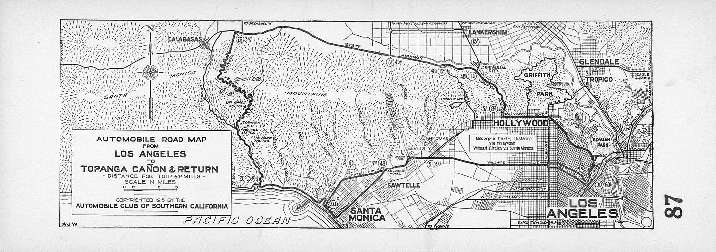 Map shows Los Angeles, Santa Monica and Hollywood depicted with grids. The mountains and Topanga Canyon are done with hatch marks.