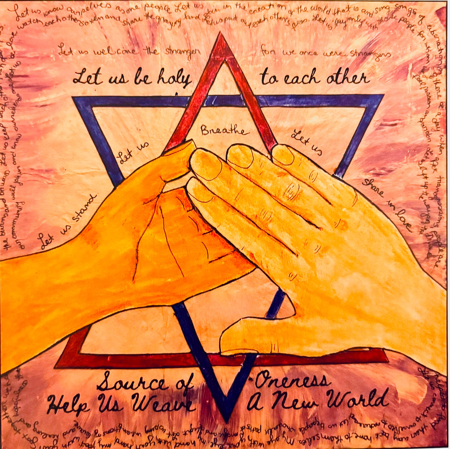 two hands on top of a Star of David surrounded by words on a purple collage background