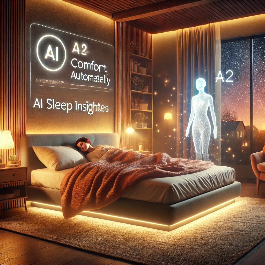 A realistic digital painting of a cozy, modern bedroom at night with warm ambient lighting. A person is peacefully sleeping on a high-tech smart bed that adjusts comfort automatically using AI. A gentle holographic AI assistant floats nearby, displaying sleep insights with a soft glow. The room is decorated with soft blankets, a bedside lamp, and a large window showing a clear starry sky. The atmosphere is warm, calming, and inviting.