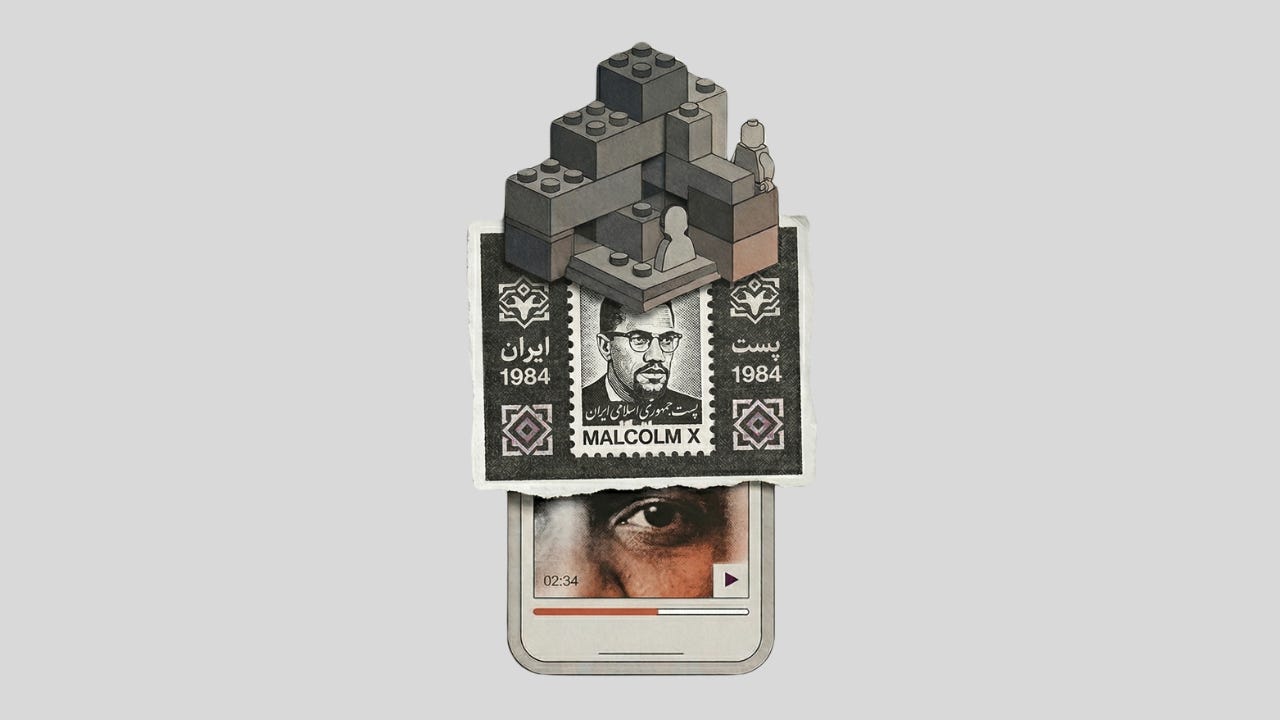 Collage illustration of stacked toy blocks above an Iranian Malcolm X postage stamp, layered over a smartphone screen showing a close-up human eye.