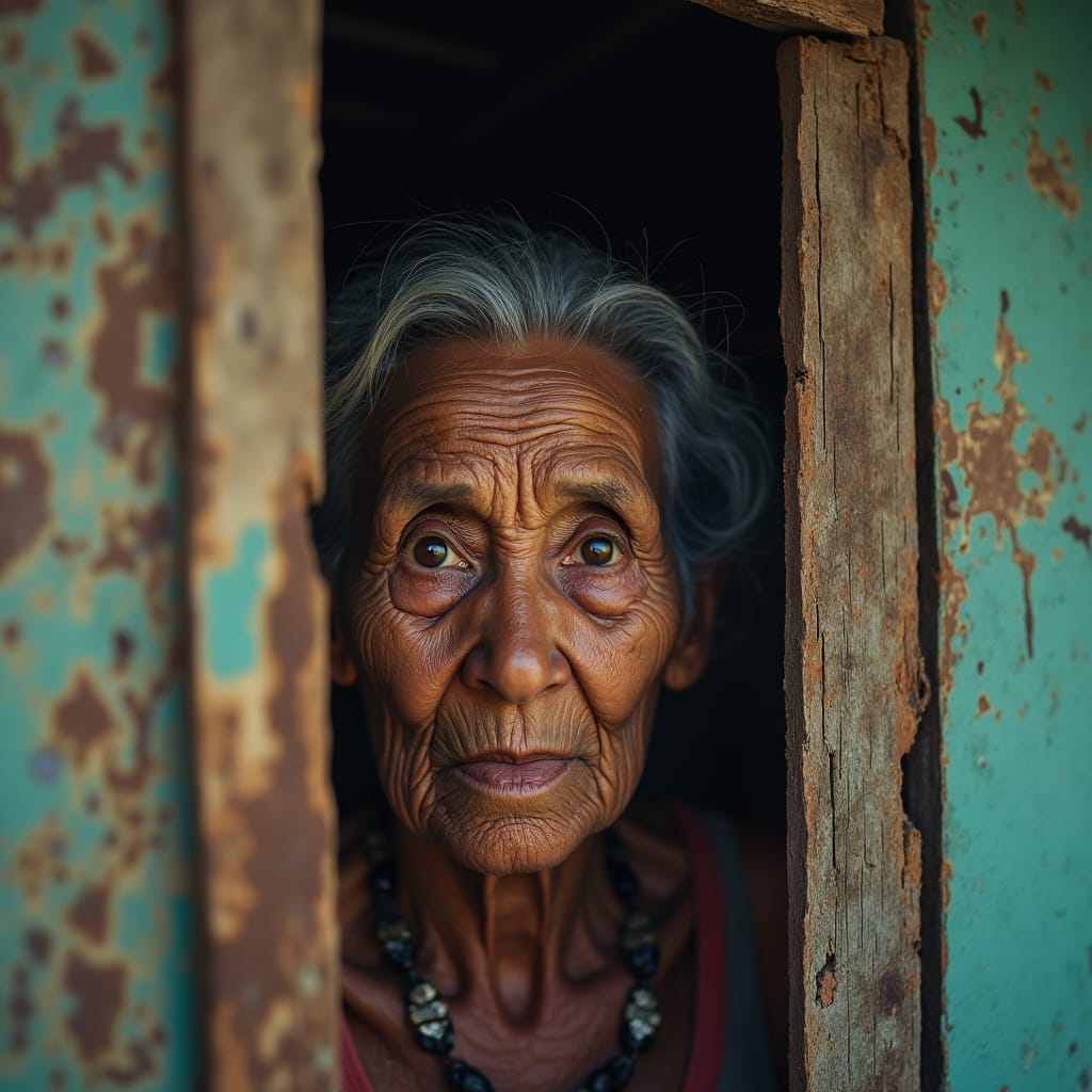 Weathered plywood home with rusty zinc roof, set amidst the vibrant chaos of a Jamaican ghetto, contrasted with sleek modern amenities visible through the doorway. Close-up of a wise, aged woman's face, creased with deep lines and warm, golden undertones, occupies half the frame. Inspired by the cinematic styles of Roger Deakins, Emmanuel Lubezki, and Bradford Young