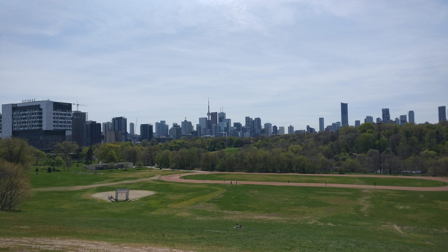 Toronto skyline as viewed from Riverdale Park East, with Bayshore Medical Centre on the left