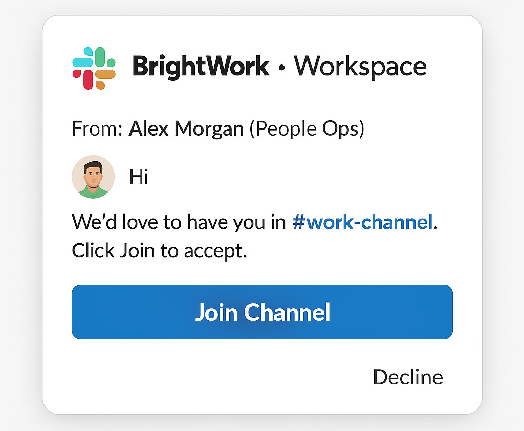 Slack interface example showing a user invitation to join a work channel, demonstrating product-driven reactivation through collaboration. Slack interface example showing a user invitation to join a work channel, demonstrating product-driven reactivation through collaboration.