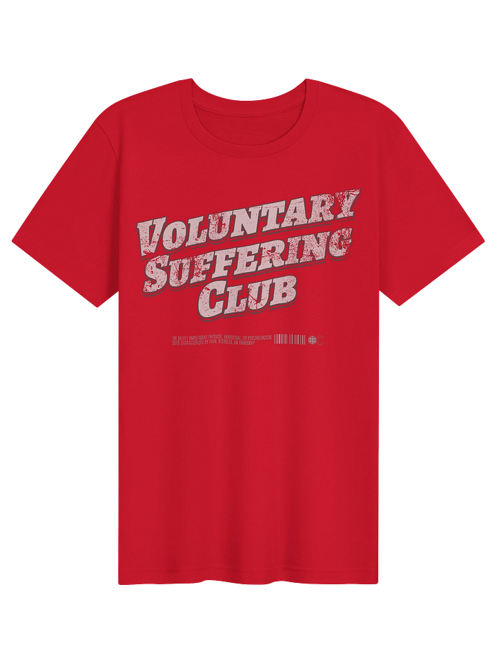 For those who willingly enter the pain cave, question their life choices halfway through, and then come back for more tomorrow!  The Voluntary Suffering Club tee features a bold vintage-style graphic with oversized varsity lettering, heavy shadowing, and a gritty definition detail underneath: “The deeply unpleasant physical, emotional, or psychological state characterized by pain, distress, or hardship.” Basically, cycling, gym work, intervals, race day, and adulthood neatly summarized on a shirt. Humanity really did invent hobbies that feel like punishment, then branded them as “discipline.” Stunning work.  Printed on a soft, lightweight fabric with a classic unisex fit, this shirt is made for training days, recovery days, coffee runs, Zwift caves, gym sessions, or quietly judging people who say “I don’t do cardio.”