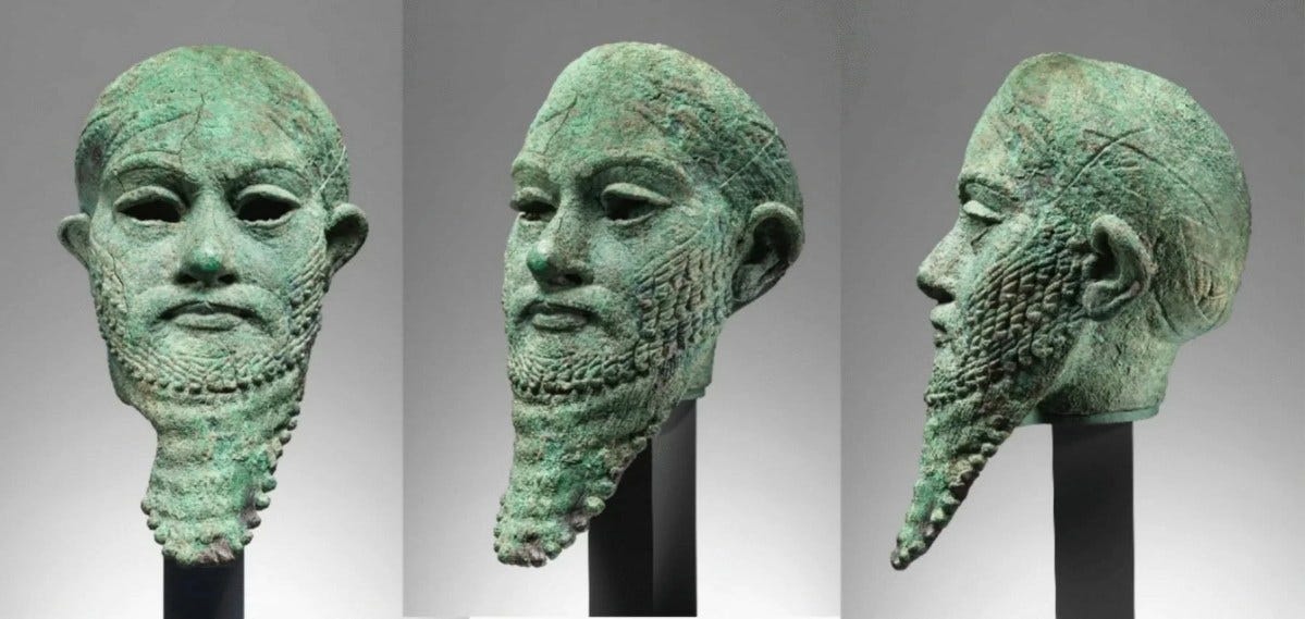 Three views of the Head of a ruler, Mesopotamia, Iraq, ca. 2300–2000 BCE