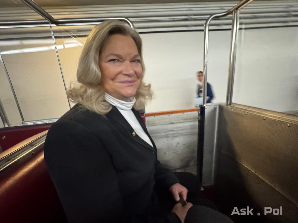 Senator Lummis rides tram back to her office while smiling. Photo Matt Laslo © www.askapolcrypto.com Senator Lummis rides tram back to her office while smiling. Photo Matt Laslo © www.askapolcrypto.com