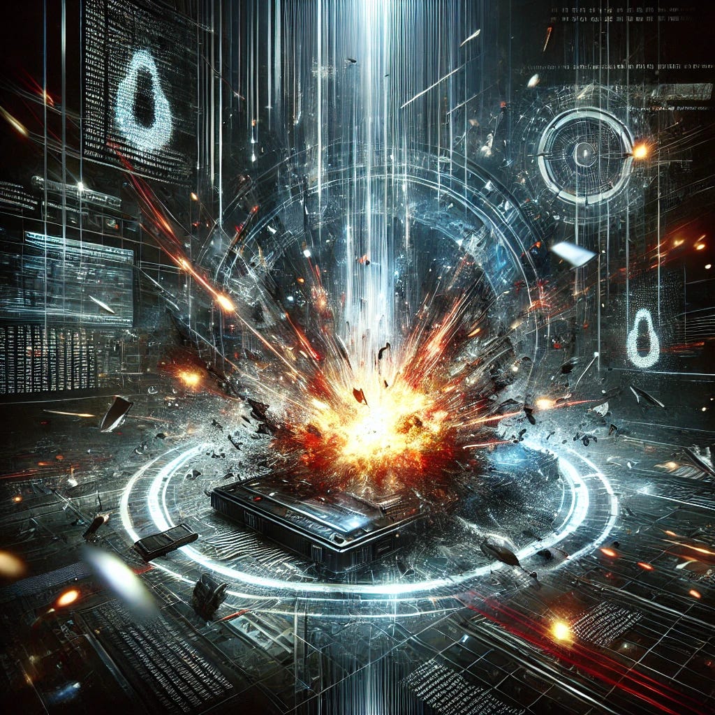 An abstract, intense scene representing a covert cyber attack. The background features digital glitches and a dark, ominous atmosphere with electric sparks and fragments flying. The centerpiece shows a high-tech device being destroyed by a violent explosion, symbolizing the power and stealth of modern cyber warfare. The image evokes tension and urgency, with bright flashes of light emanating from the center of the blast, and data code subtly integrated into the background, symbolizing the digital nature of the attack.