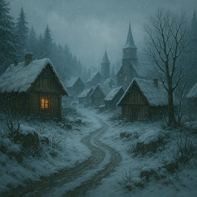 A dark fantasy image of Krezk village in winter, nestled in the snowy hills of Barovia. The village is small and rustic, with steep-roofed wooden cottages dusted in snow, smoke curling from chimneys, and narrow paths winding between buildings. The surrounding forest is dense and skeletal, with bare trees reaching into a misty gray sky. Snowflakes drift gently through the air, and the Abbey of Saint Markovia looms in the distance, half-shrouded in fog. Lanterns glow faintly in windows, casting warm light onto the snow-covered ground. The atmosphere is quiet, eerie, and solemn, evoking isolation and resilience. A dark fantasy image of Krezk village in winter, nestled in the snowy hills of Barovia. The village is small and rustic, with steep-roofed wooden cottages dusted in snow, smoke curling from chimneys, and narrow paths winding between buildings. The surrounding forest is dense and skeletal, with bare trees reaching into a misty gray sky. Snowflakes drift gently through the air, and the Abbey of Saint Markovia looms in the distance, half-shrouded in fog. Lanterns glow faintly in windows, casting warm light onto the snow-covered ground. The atmosphere is quiet, eerie, and solemn, evoking isolation and resilience.